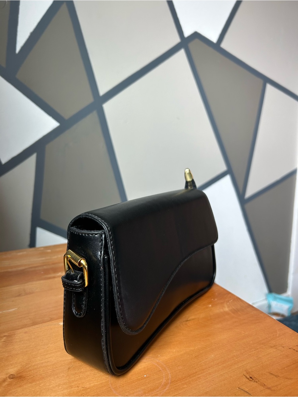 Classic Black Leather Shoulder Bag with Gold Hardware